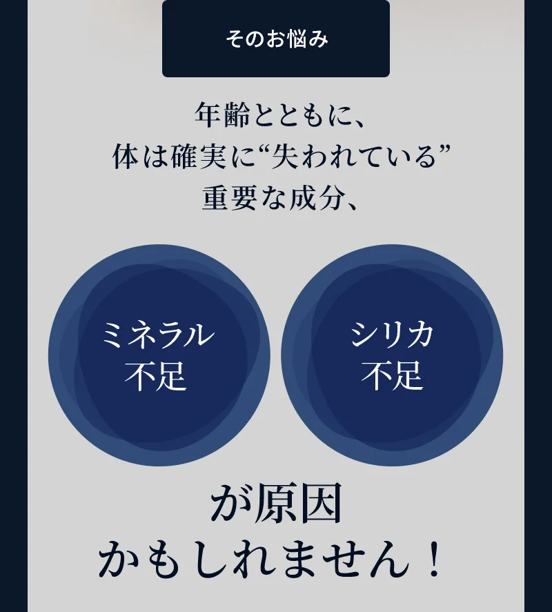 そのお悩み、年齢とともに、体は確実に“失われている”重要な成分、ミネラル不足・シリカ不足が原因かもしれません！